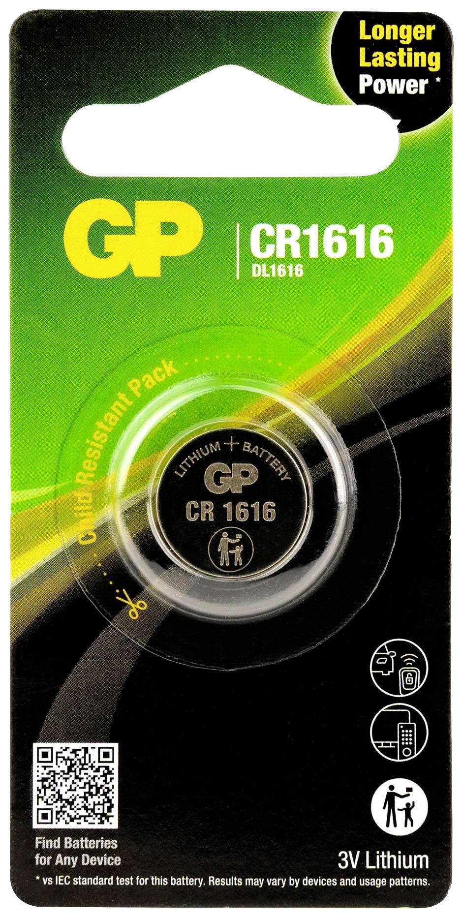'GP CR1616 DL1616' Lithium button cell in green and black packaging with note on 'Longer shelf life'; 3V, child-resistant.