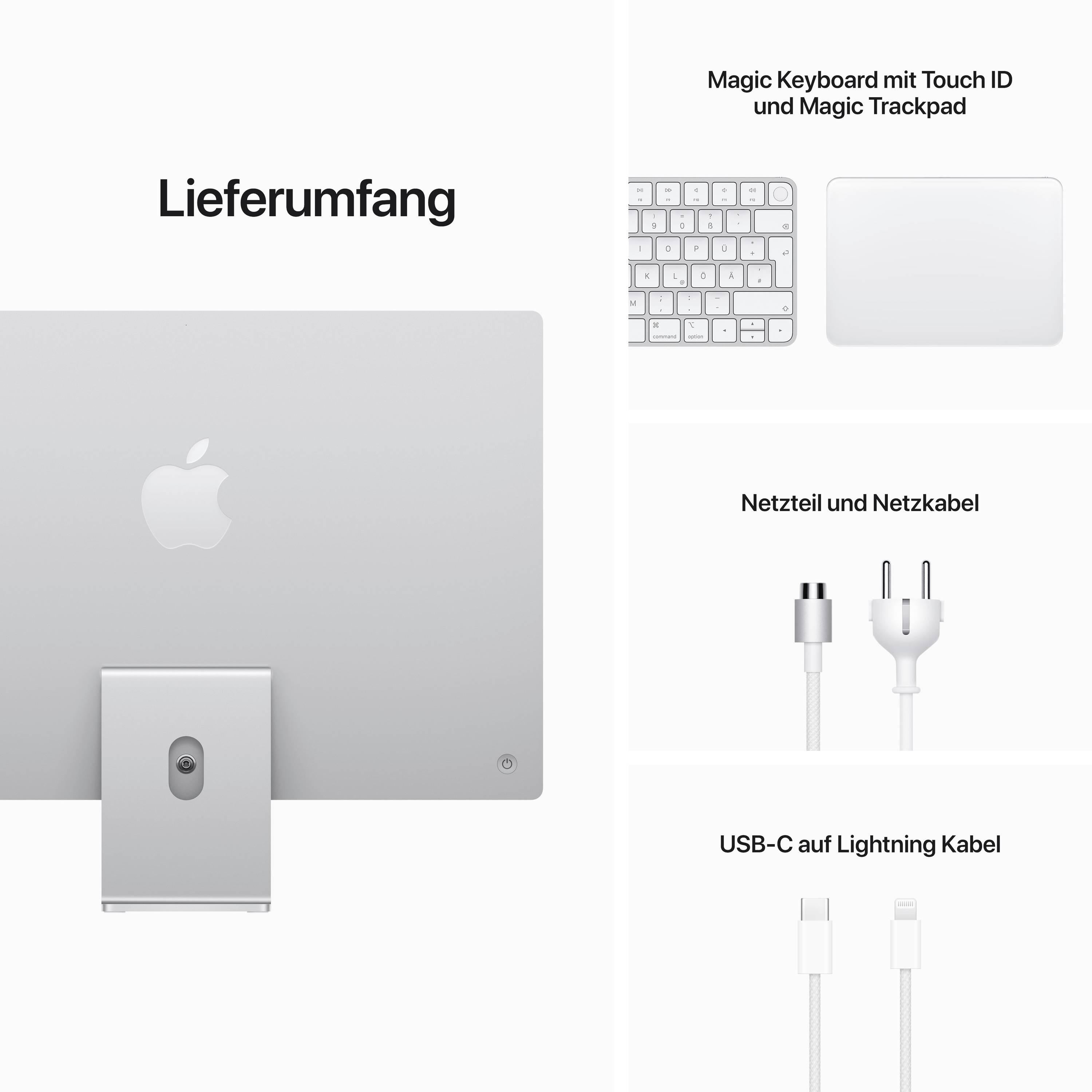 Included Components of a Computer: Monitor with Apple logo, Magic Keyboard with Touch ID, Magic Trackpad, Power adapter, Power cable, USB-C to Lightning cable.