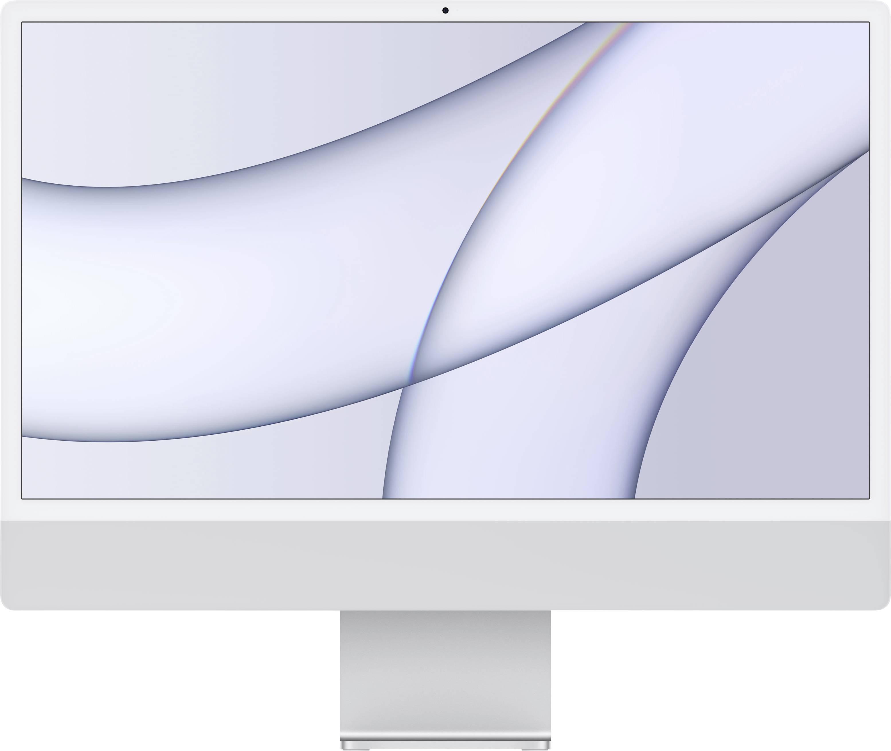 A white computer screen displays an abstract, light blue background design with curved shapes.