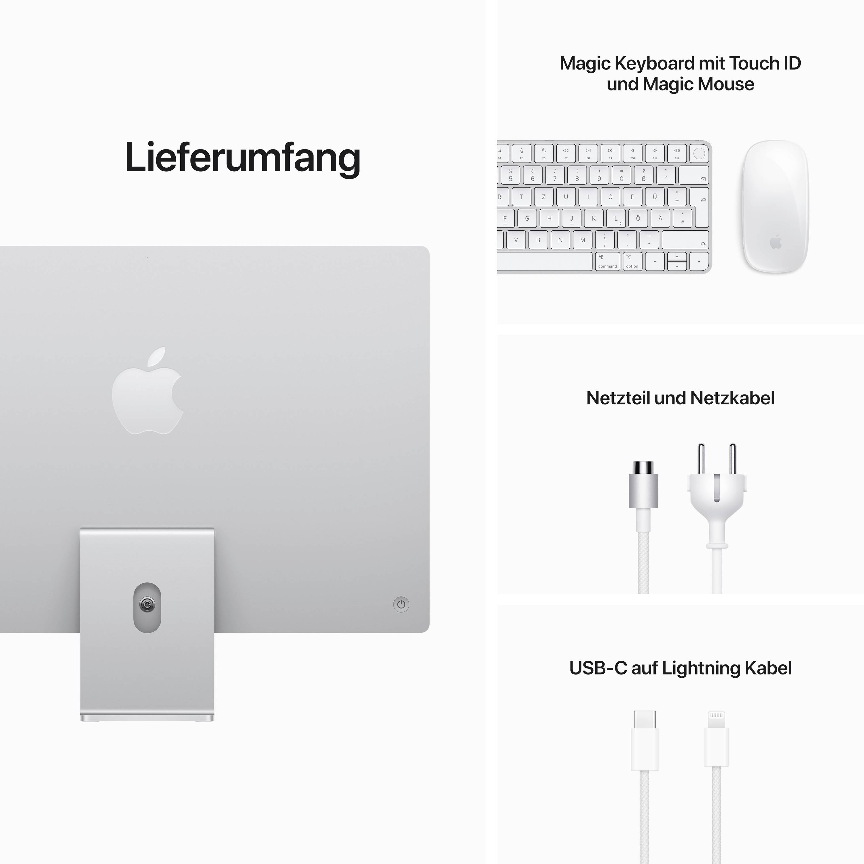 A rear view of an iMac computer, alongside illustrations of 'Magic Keyboard', 'Magic Mouse', power adapter, power cable, USB-C and Lightning cables.