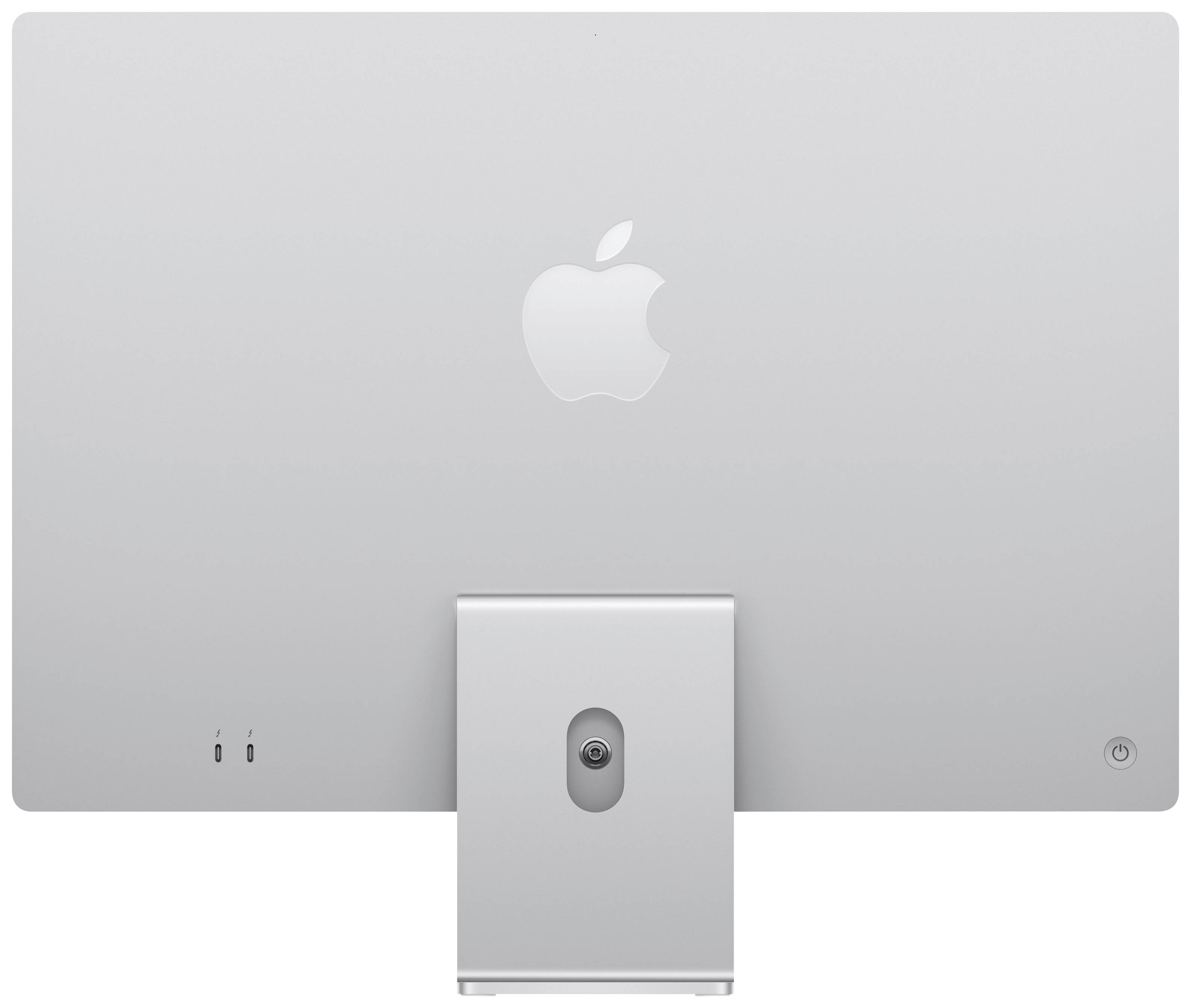 Rear view of a computer with an Apple logo on a silver casing. Display plugged into a silver stand. No visible ports.