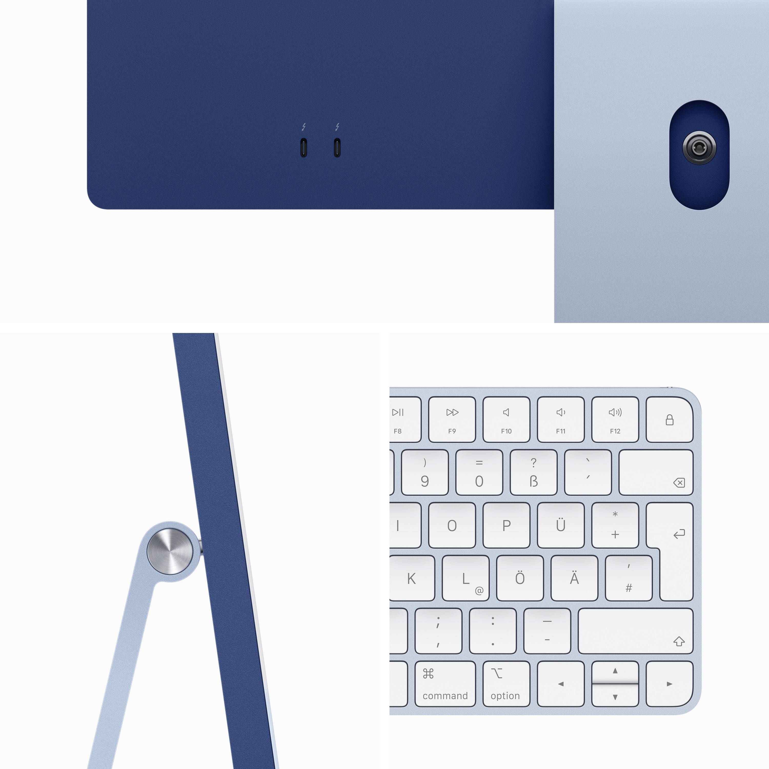 A computer with a blue stand and a white keyboard. The focus is on the stylish design of the devices.