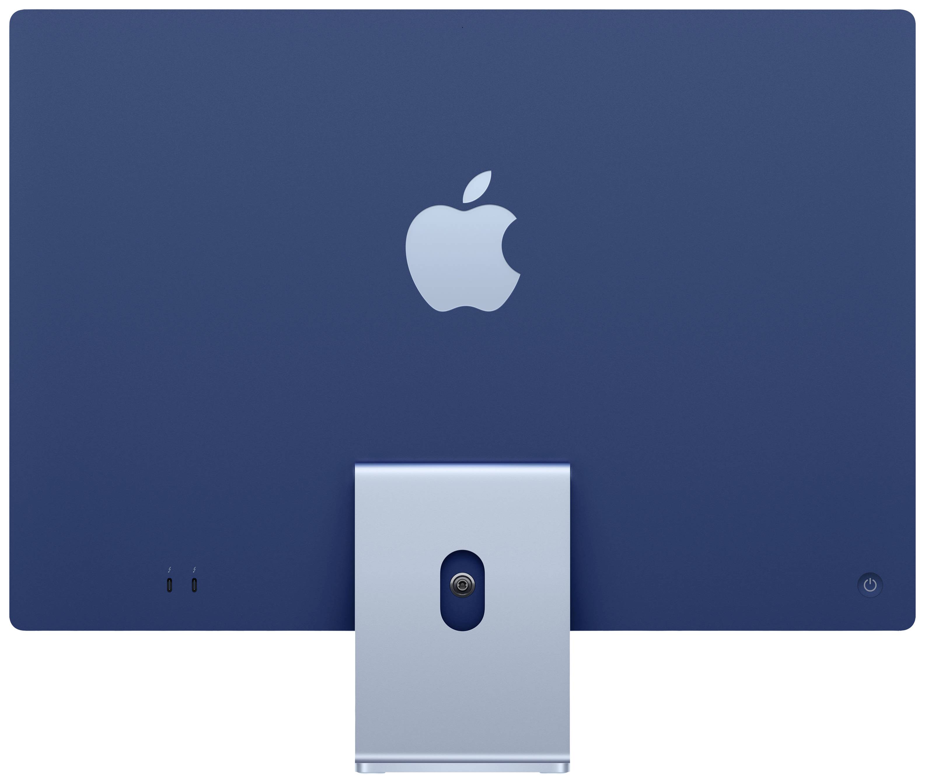 Rear view of a blue computer with a silver stand and an Apple logo in the centre of the casing.