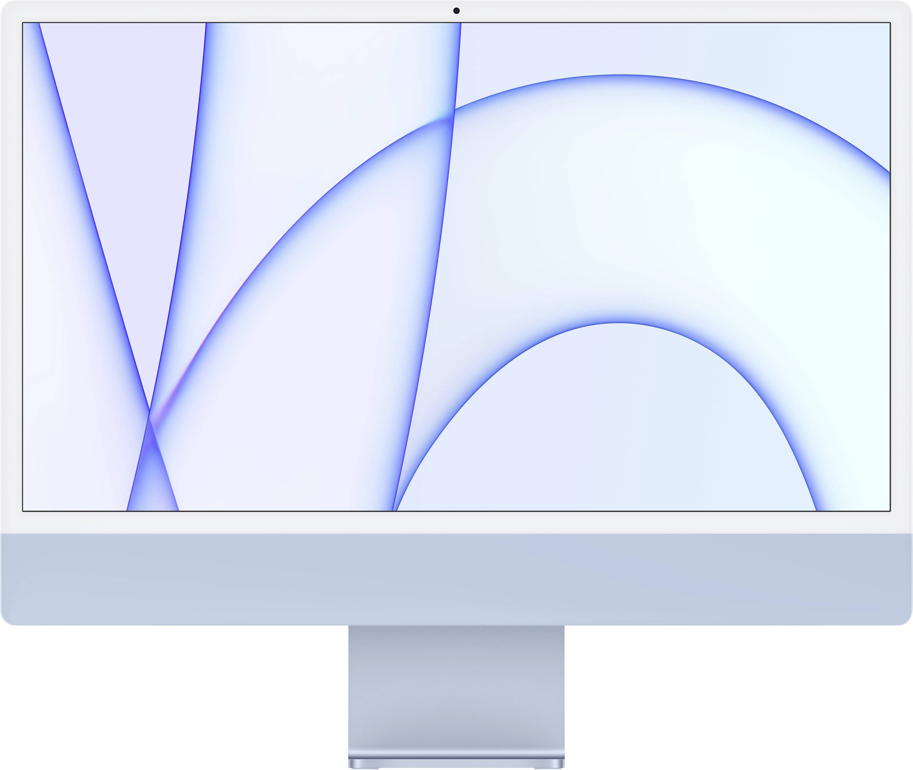 A modern computer monitor with a blue graphical interface; no visible applications or text.