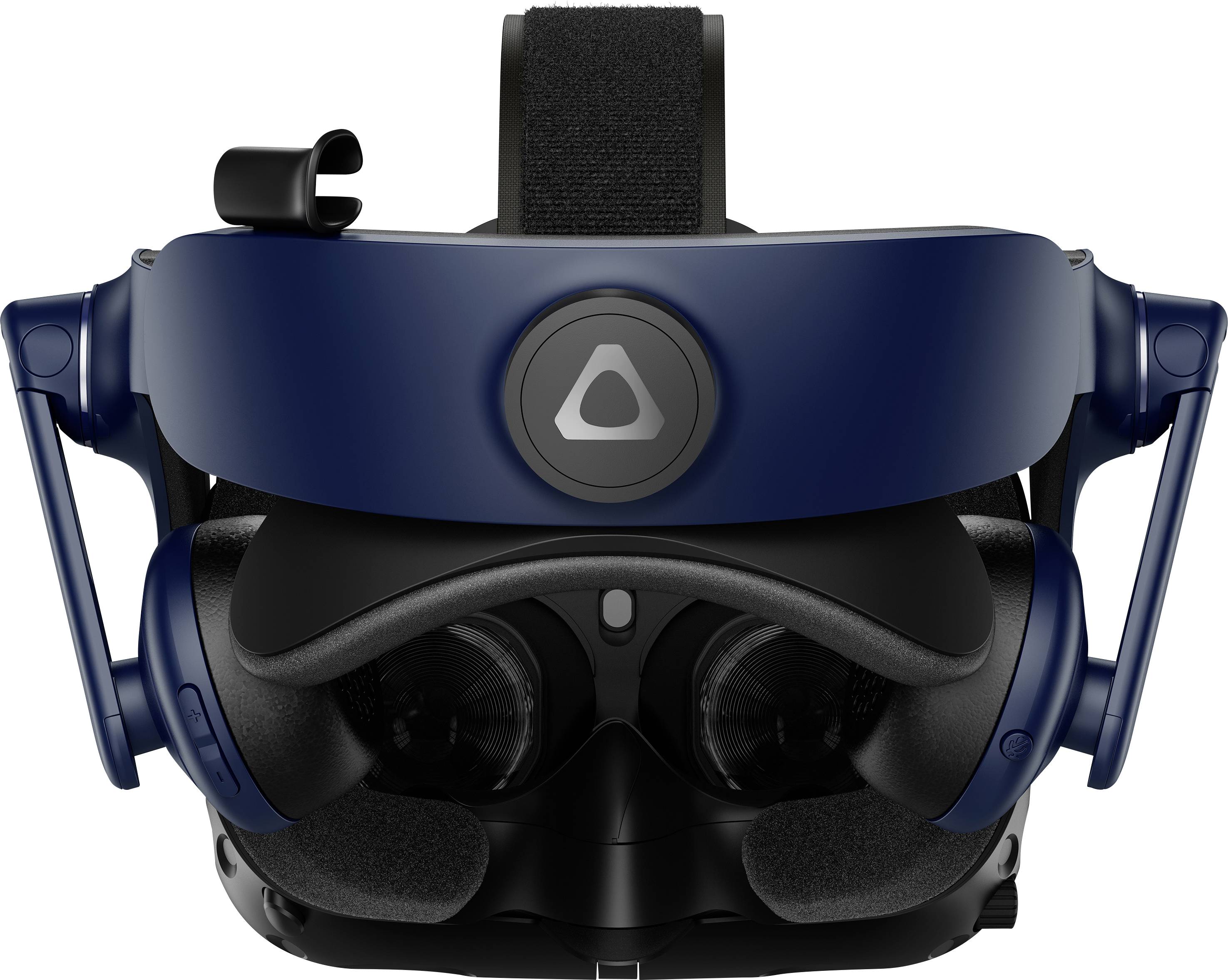 A virtual reality headset with a blue front cover and black padding on the inner side, shown from the front.