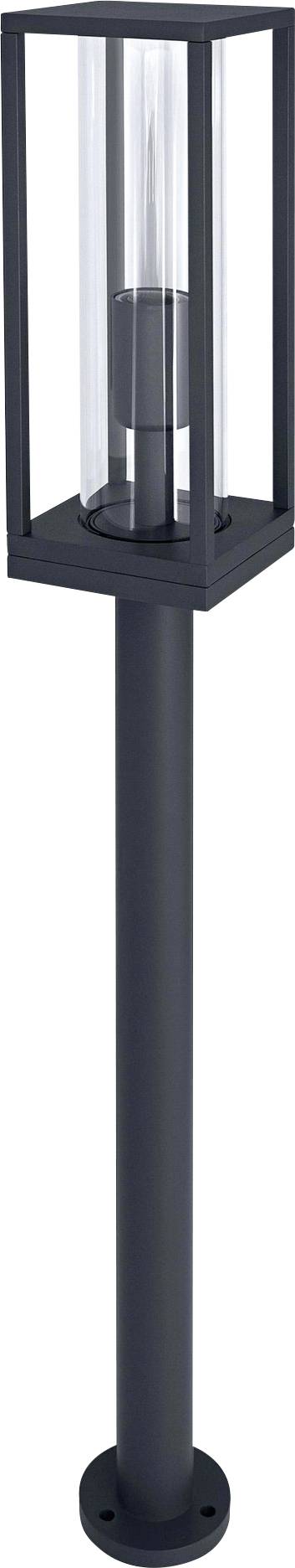 Black street lamp with a square glass body and a tall, slender stand. Modern design for outdoor lighting.