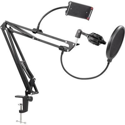 Microphone arm with mobile phone holder and pop filter, mounted on a desk. Suitable for recordings or podcasting.