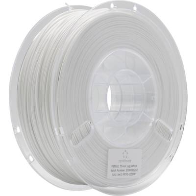 A large, transparent spool of white 3D printing filament, marked as PETG material, diameter 1.75 mm, weight 2 kg.