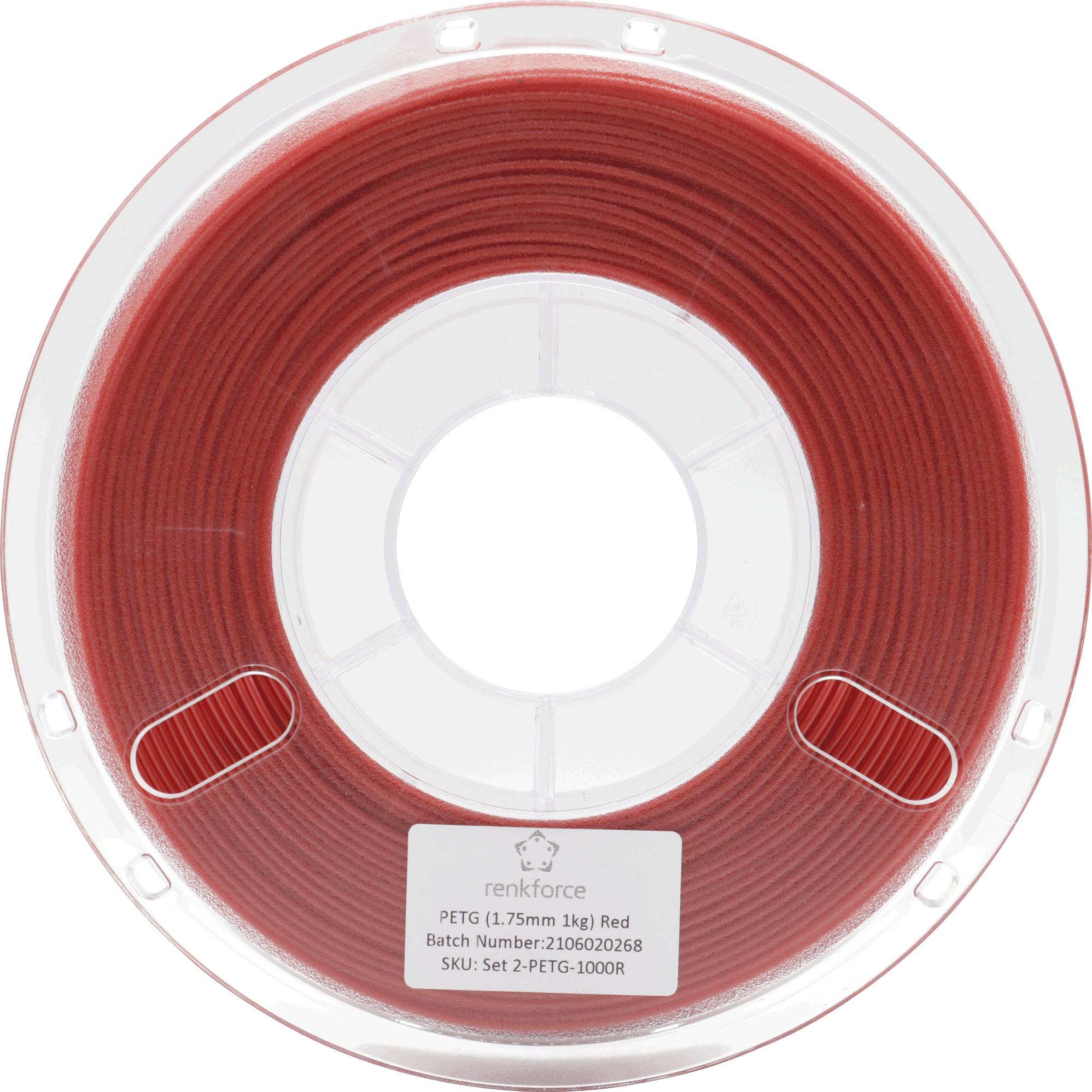 A plastic spool with red PETG 3D printing filament. Label shows: 'PETG, 1.75mm, 1kg, Red', batch number '216020268', SKU 'Set 2-PETG-1000R'.