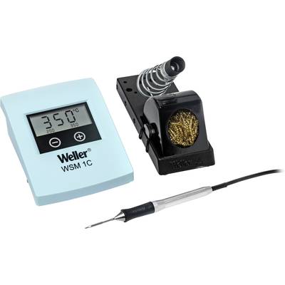 A Weller soldering iron with a base station is displaying '350°C'. Next to it is a stand with a cleaning sponge.