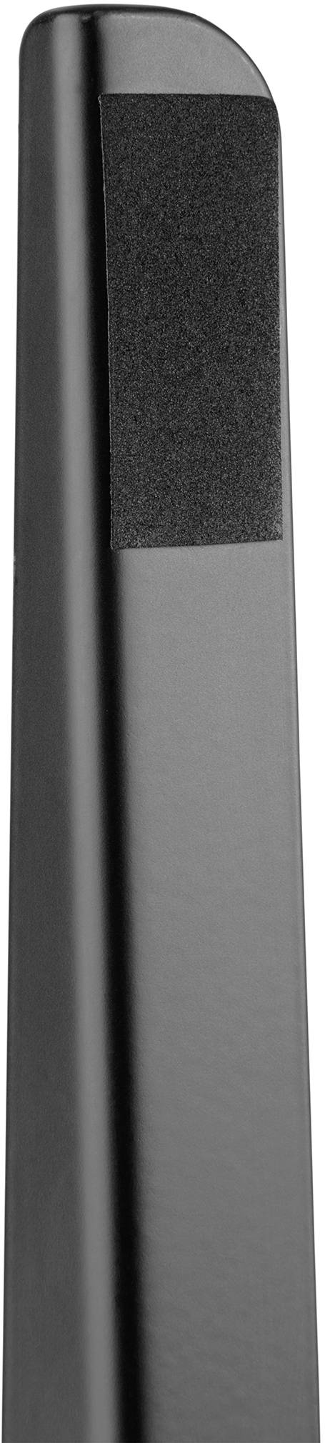 Long, black object with a rectangular, ridged area at the top; could be part of a piece of furniture or device.