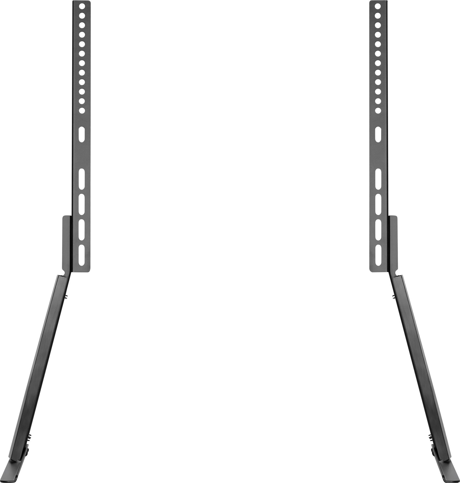 Two black metal brackets positioned vertically on a white background, designed for supporting or securing objects.