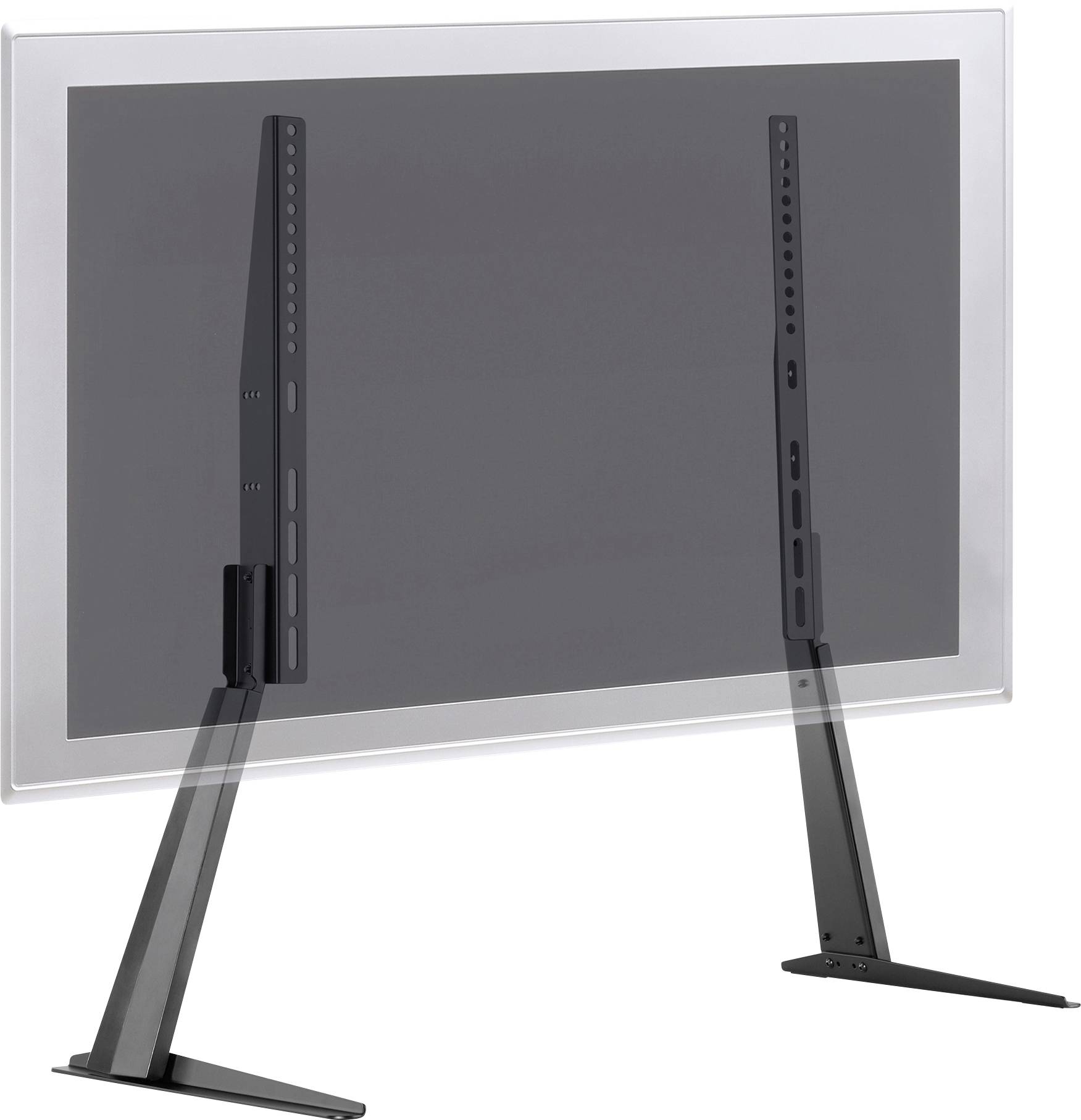 A black TV stand with two long legs is mounted on a transparent screen.