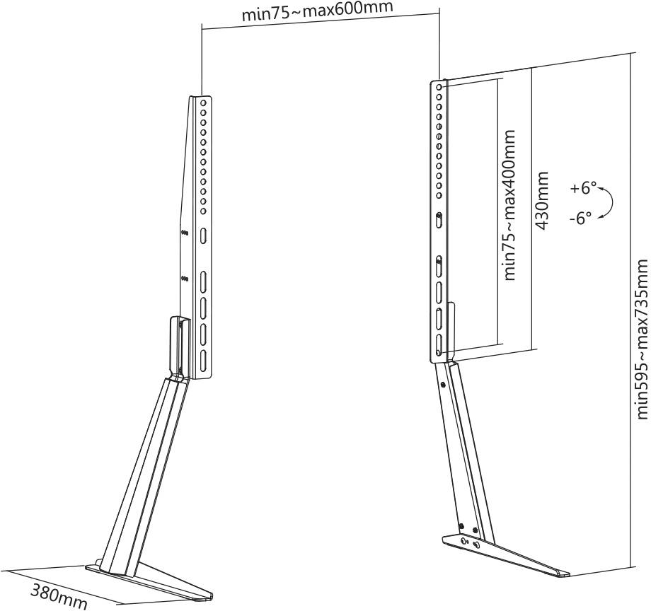 Adjustable mounting bracket with dimensions: Height 595-735 mm, Width 75-600 mm, Tilt +6° to -6°. Specifically designed for monitors.
