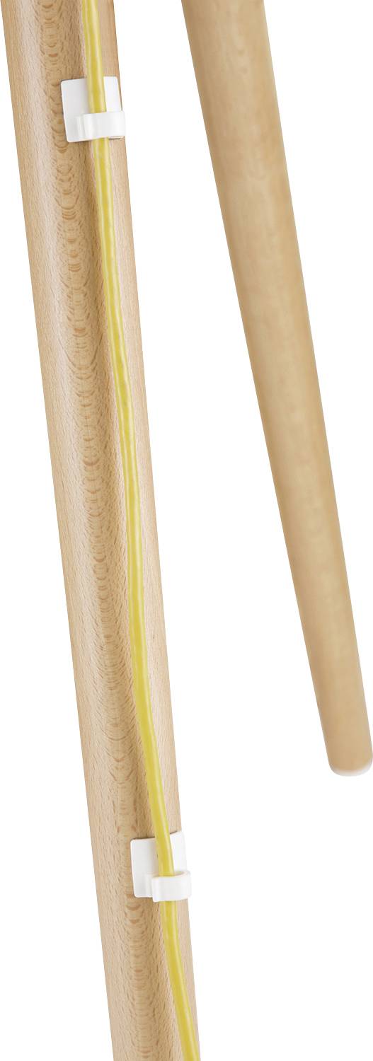 Wooden frame with yellow line and white brackets.
