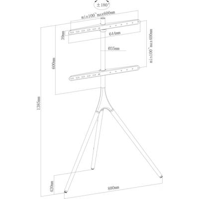 A stand with dimensions: Height 1385mm, Width 880mm. Adjustable mountings at the top: 600mm to 1000mm, at the bottom: 420mm. Ideal for displays.