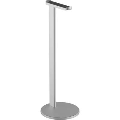 A modern, silver metal towel rail with a round base and straight pole. Ideal for bathroom environments.