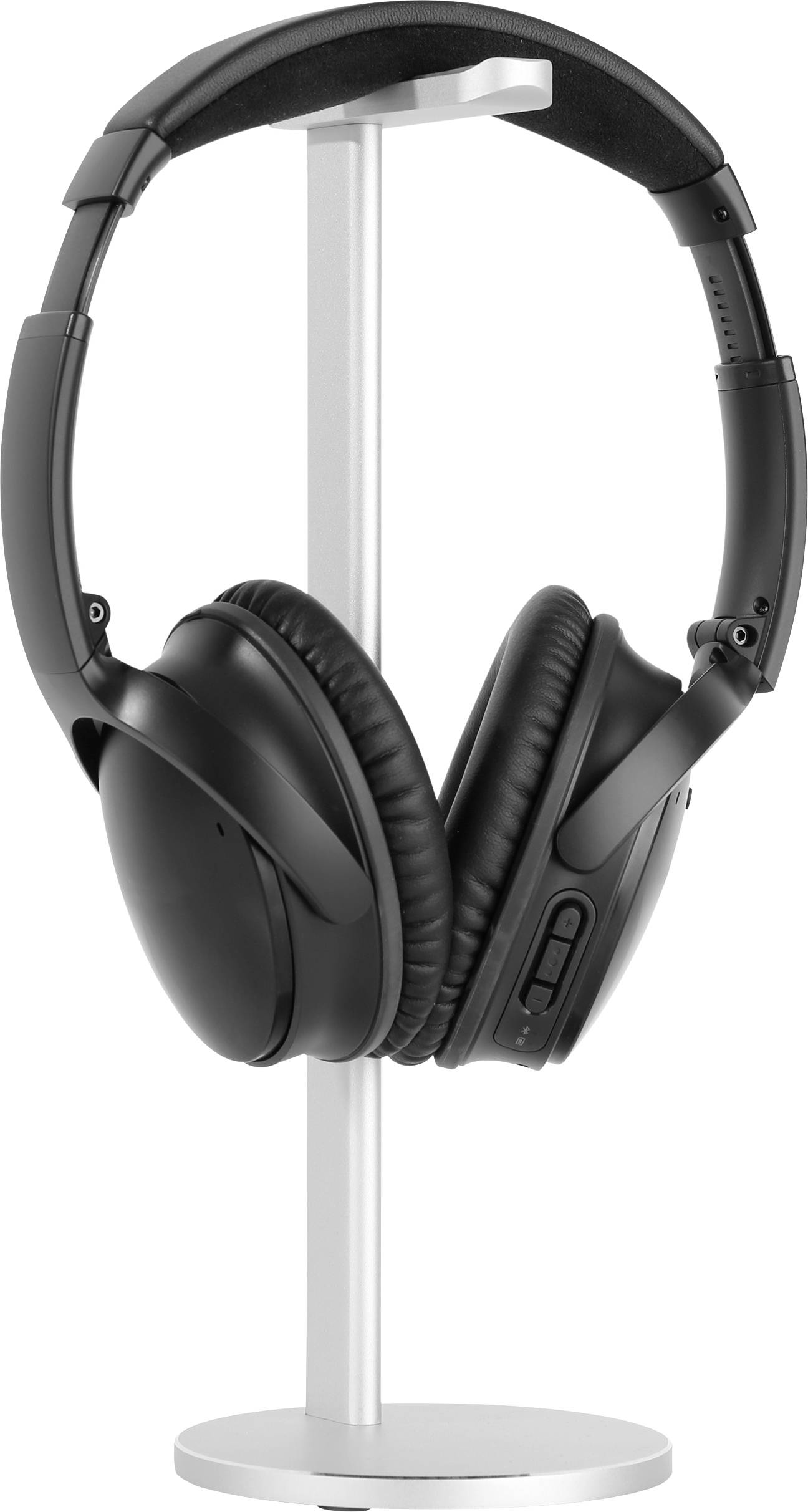 Black over-ear headphones on a silver stand.