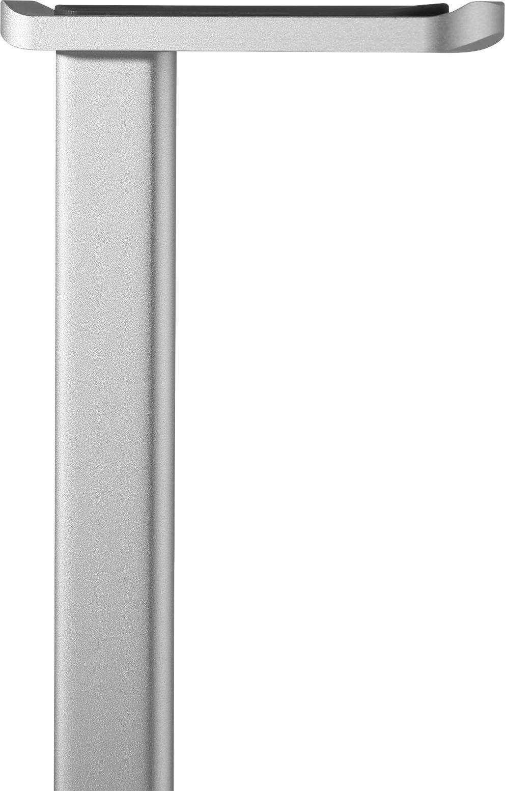 Grey metal T-shaped stand, suitable for supporting monitors or screens, with a minimalist design.
