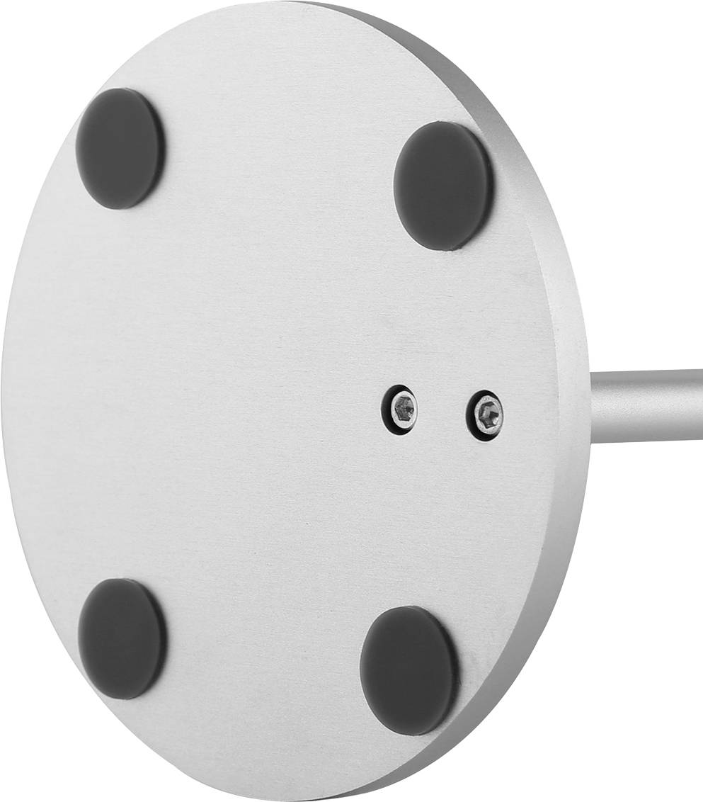 Round metal plate with four black rubber buffers and two small screws in the centre. A metal handle is attached to one side.