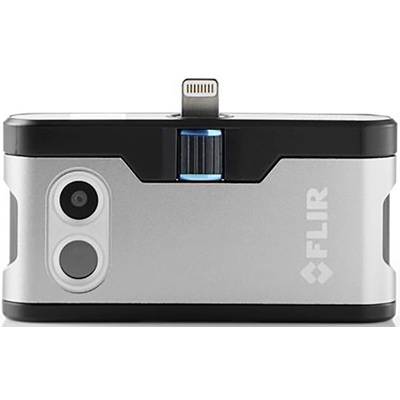 A small, silver thermal imaging camera with two lenses and a blue button, marked with 'FLIR', for connecting to a smartphone.