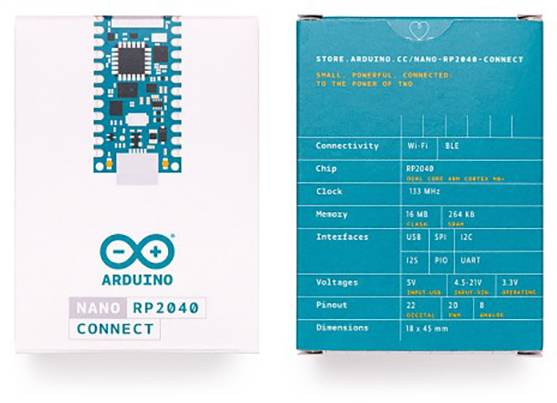 'Arduino Nano RP2040 Connect' packaging. The front displays the Arduino logo and model name. The reverse side lists technical specifications such as Wi-Fi, BLE, chip, and available interfaces.