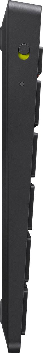 Black, slim remote control with five buttons on the side and a small yellow indicator on the top surface.
