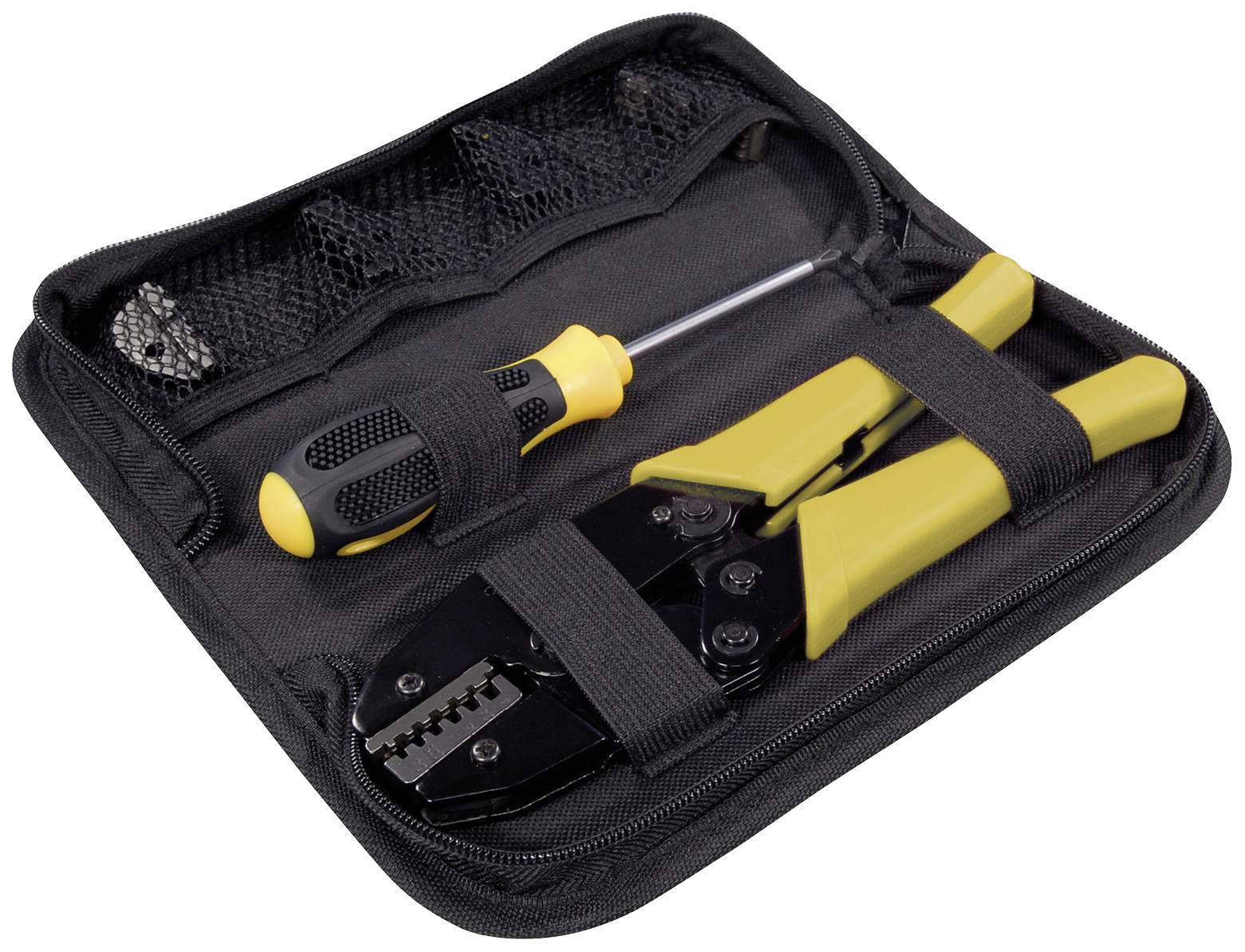 An open tool set with a screwdriver and a crimping pliers in a black case.