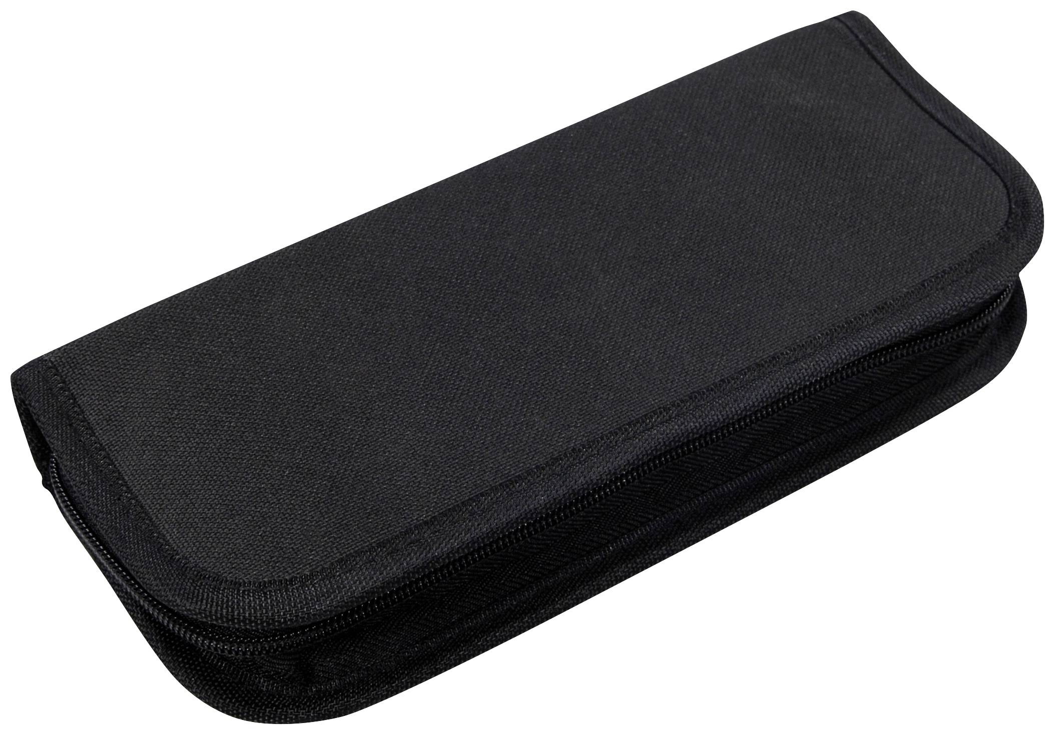 Black fabric pencil case, rectangular with zip, lying flat on light background. Suitable for pens or small accessories.