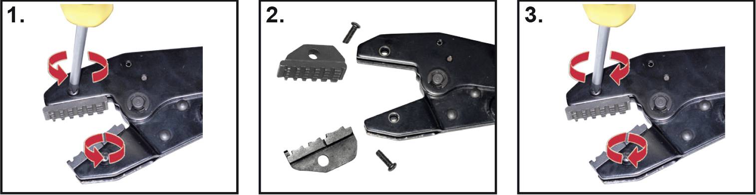 Step-by-step guide to replacing the cutting blade of a wire stripping pliers. Shows tools, screws and blade replacement.