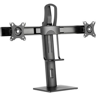 Two-arm metal monitor stand for dual screens, height-adjustable, with a sturdy desk base.