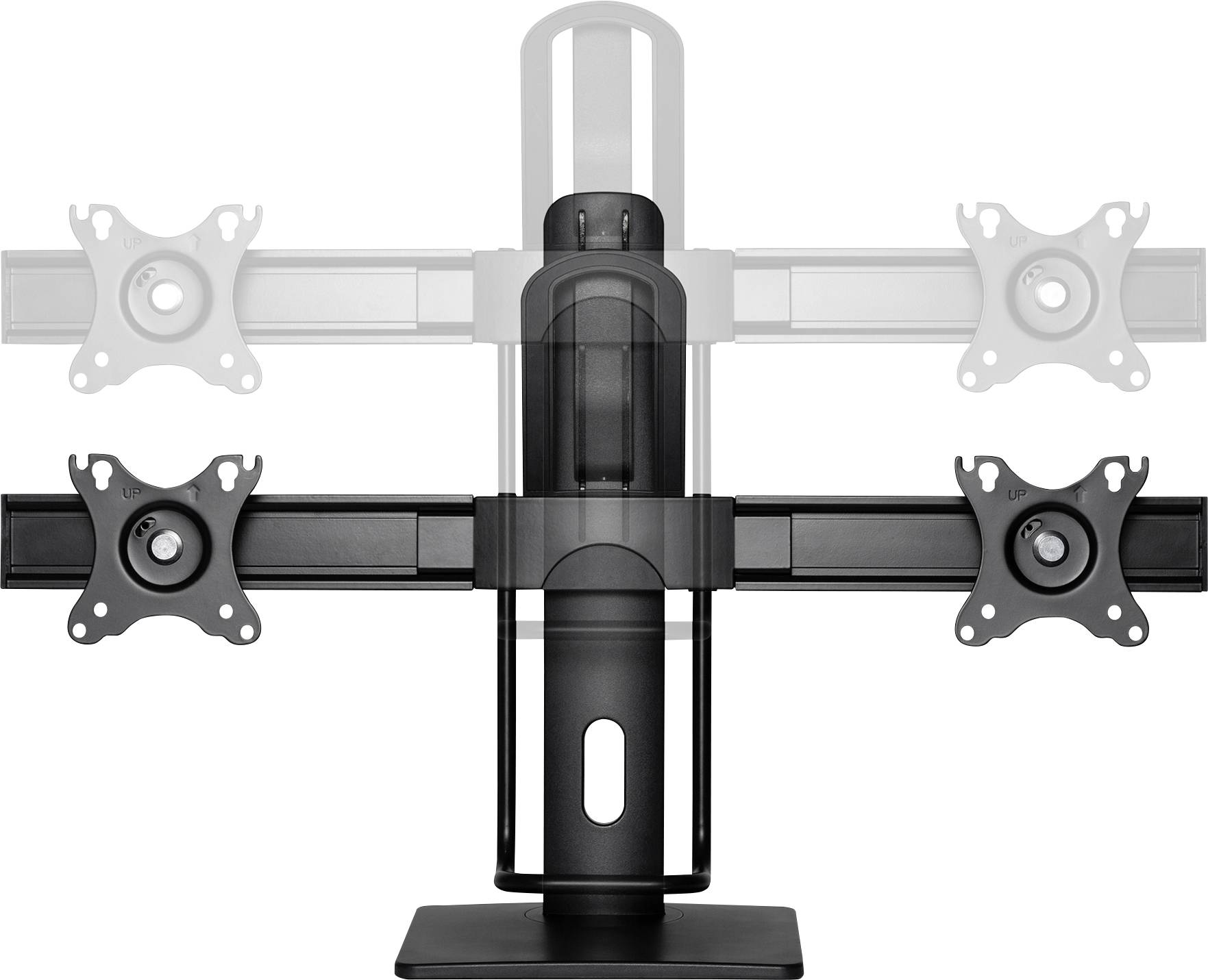 Monitor mount with four VESA mounts, two of which can be pivoted sideways. Suitable for multiple monitors to optimise workspace.
