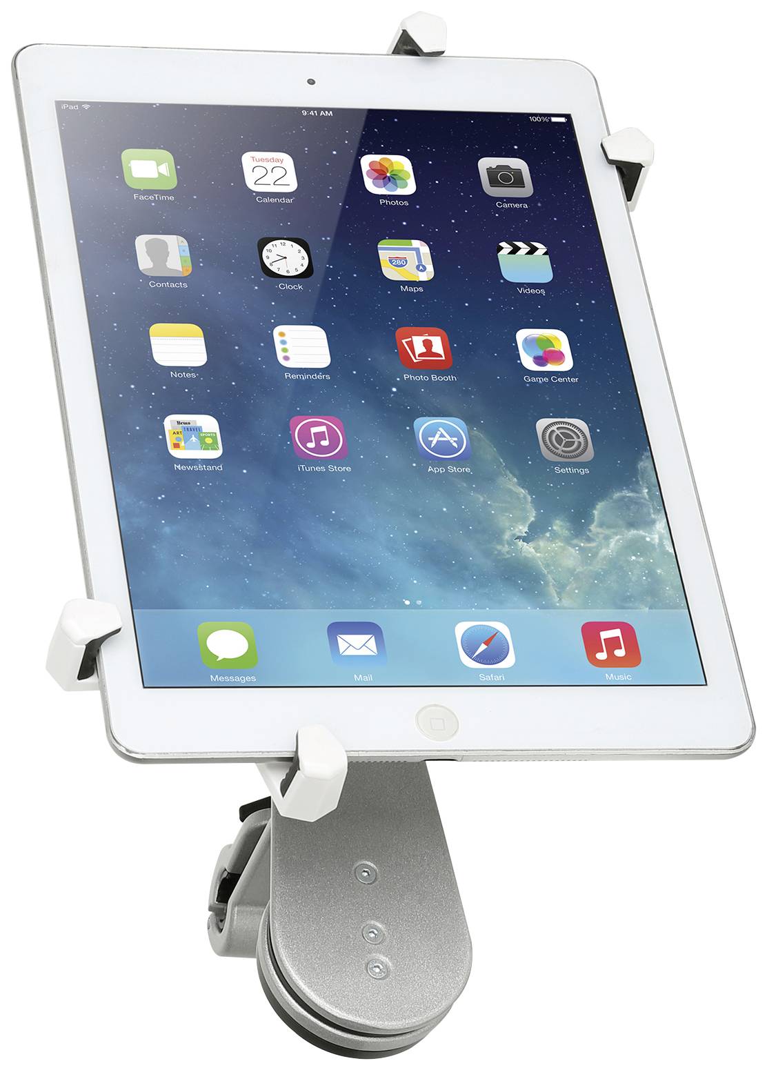 A tablet is mounted in a holder, displaying the home screen with app icons. The holder serves to secure the device.