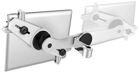 Metal dual monitor arm that holds two screens side by side. Both arms are adjustable and pivoting for optimal positioning.