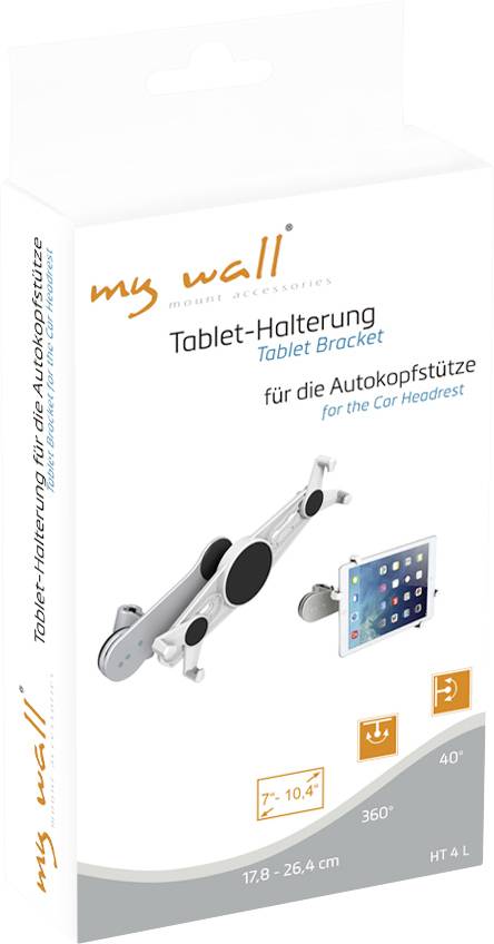 A packaging with an illustration of a tablet holder for a car headrest. Below text: 'Tablet Holder for Car Headrest'