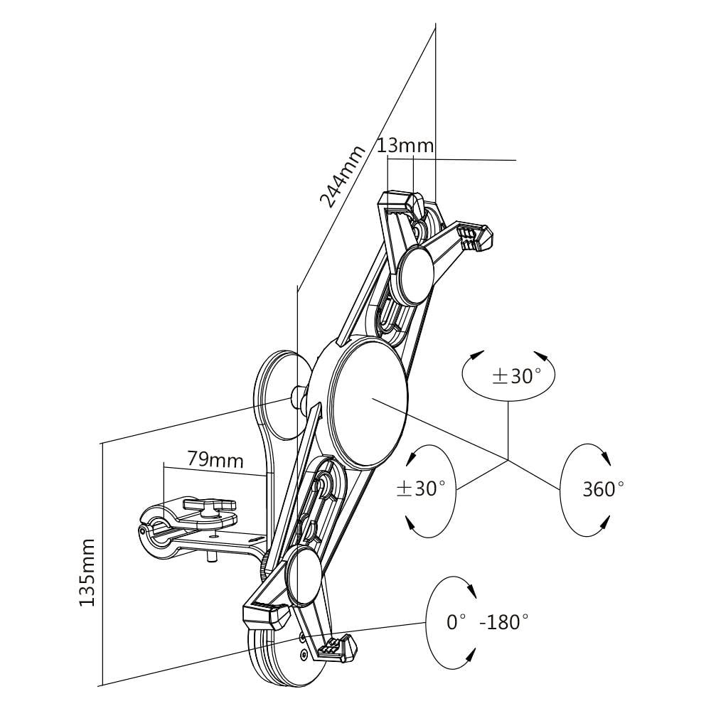Technical drawing of a mechanism with dimensions: 244 mm height, 135 mm length. Moves ±30° horizontally, 0° to 180° vertically.