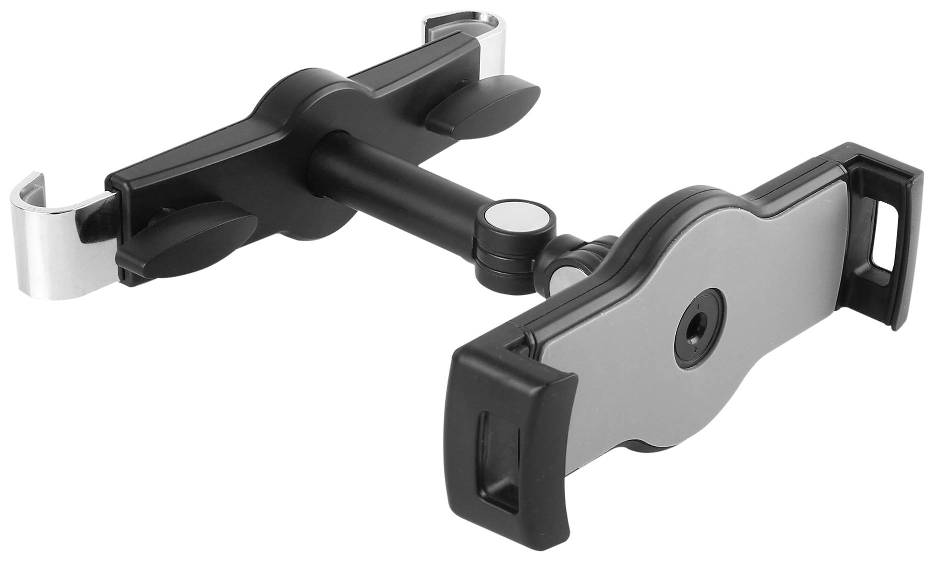 Universal Tablet Holder in Black and Silver, Suitable for Mounting on Car Headrests, Adjustable for Various Tablet Sizes.