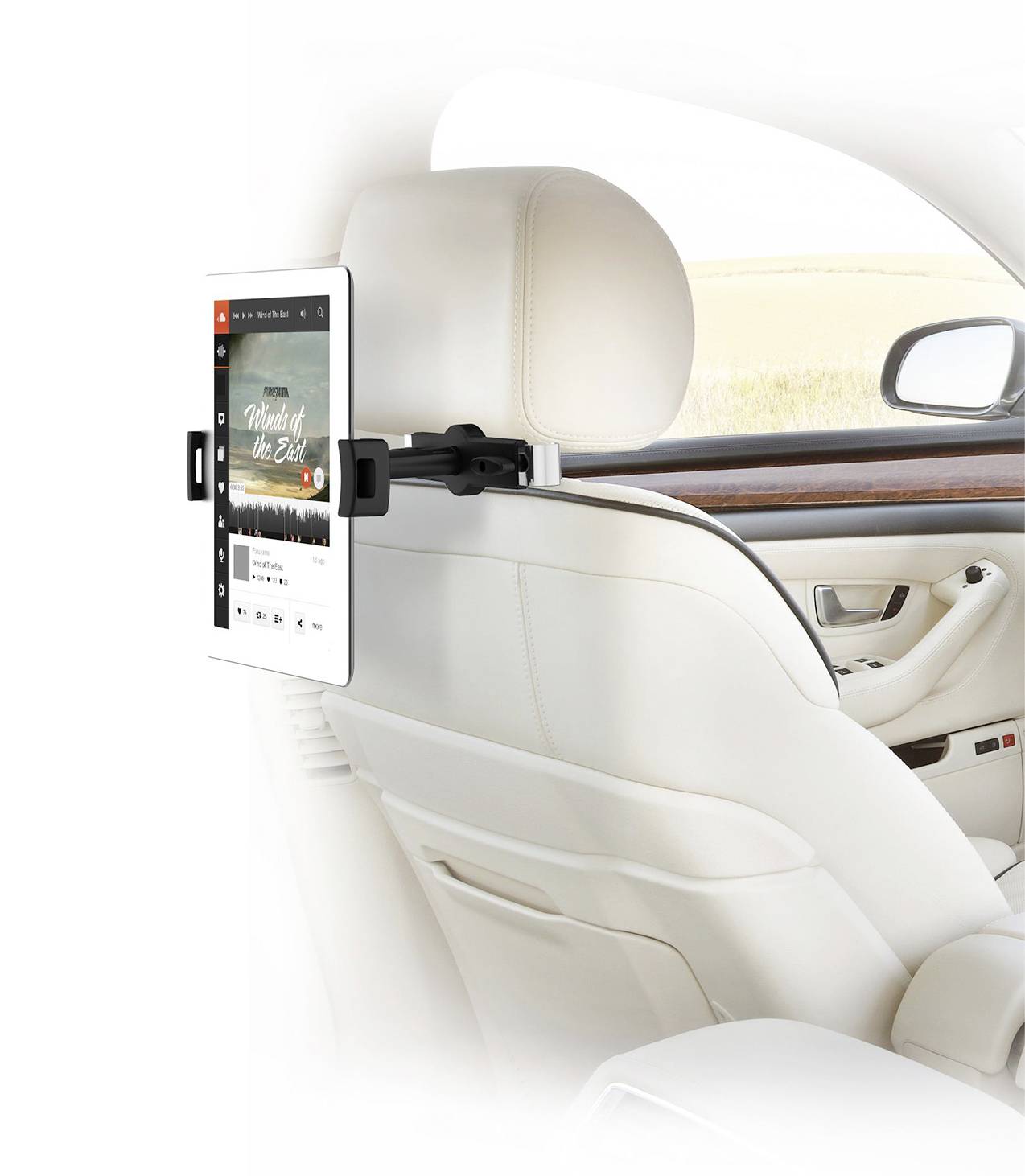 Tablet holder mounted on the back of a car seat. Tablet playing a video. Vehicle interior visible.