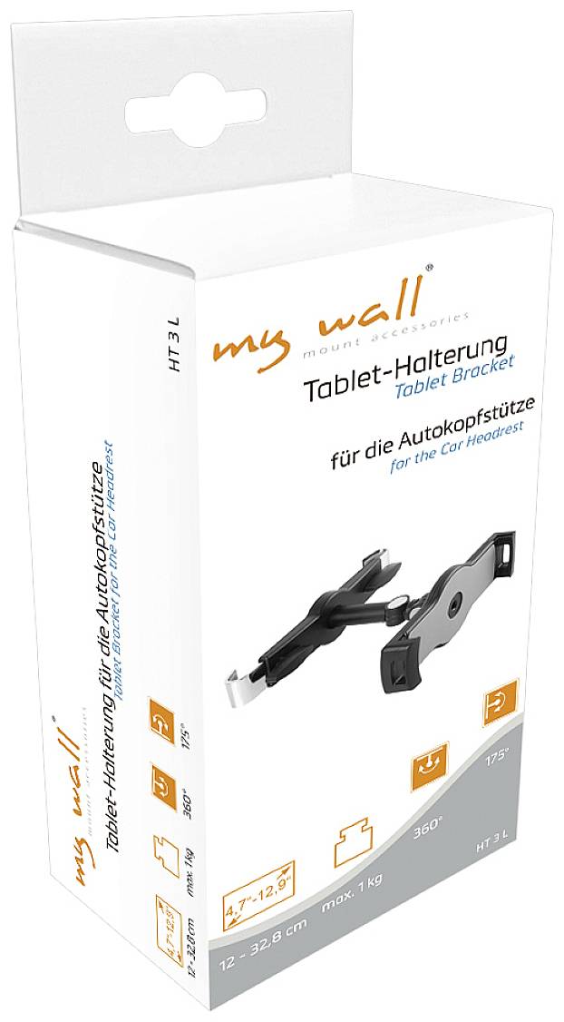Tablet Holder by 'my wall' for Car Headrest, Supports Devices from 7-12.9 Inches. Packaging Displays Product Image and Details.