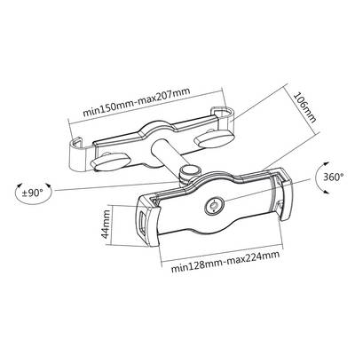 Technical drawing of an adjustable mounting bracket with dimensions: Width min150-max207 mm, min128-max224 mm, rotatable 360 degrees.