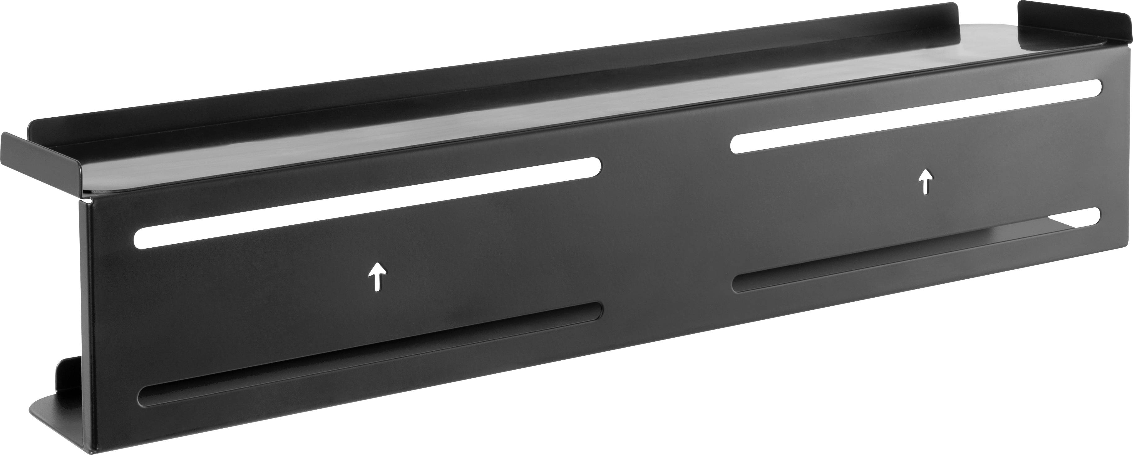 Black, rectangular cable management shelf with narrow slots and upward-pointing arrows, designed for use under desks.