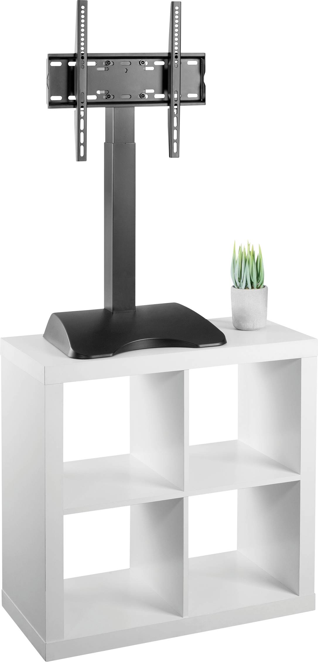 A white shelving unit with four shelves, on top of which sits a black TV stand, and beside it a small pot containing a succulent.