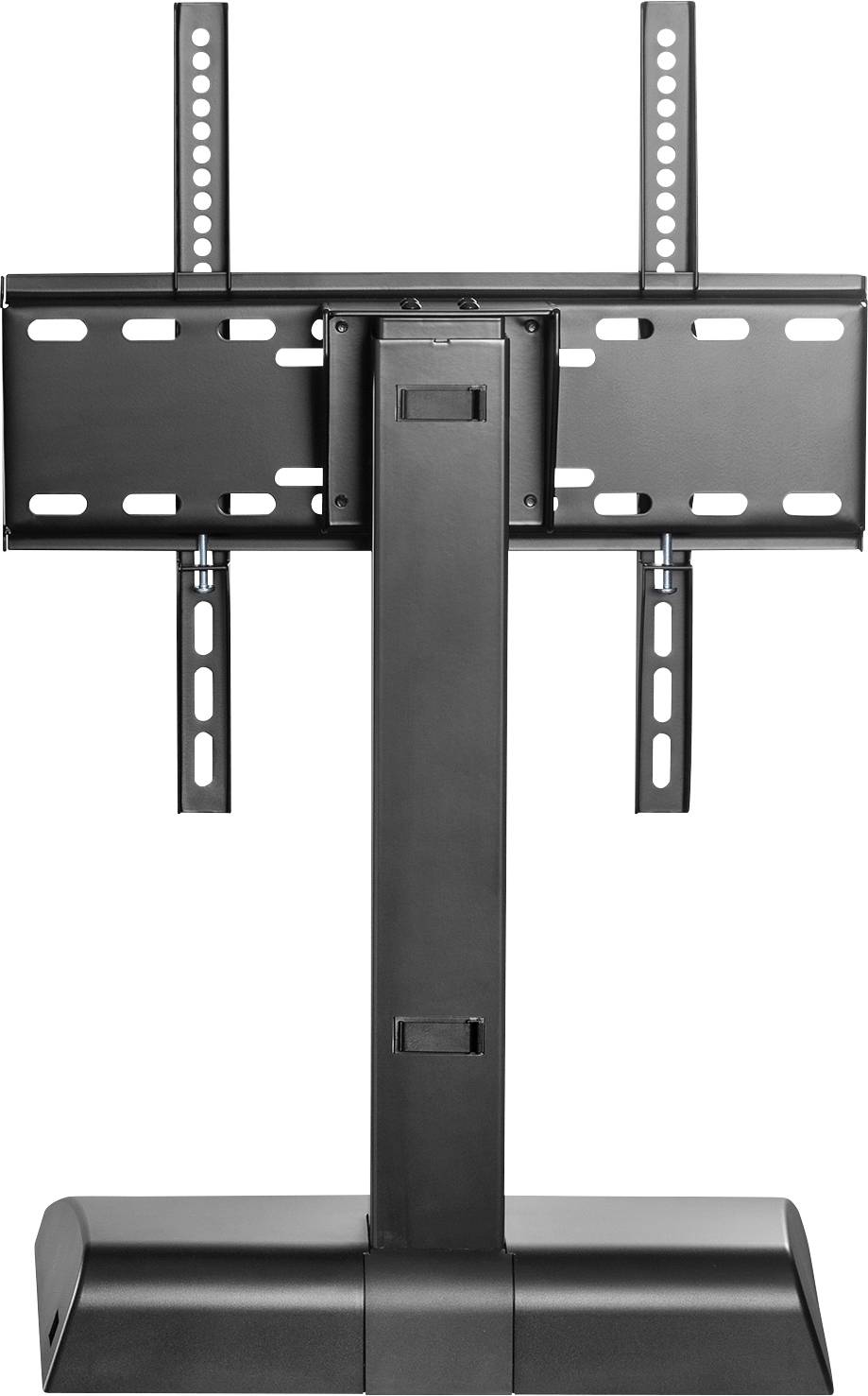 Black TV stand with adjustable mounting bracket, suitable for flat-screen televisions.