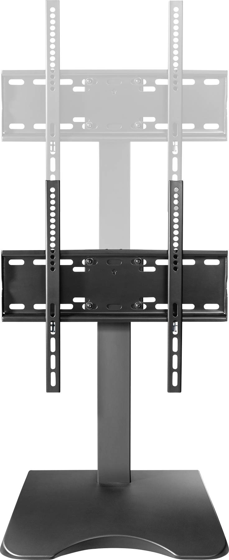 A black metal TV stand with a rectangular base and vertical mounting brackets for securing a screen.