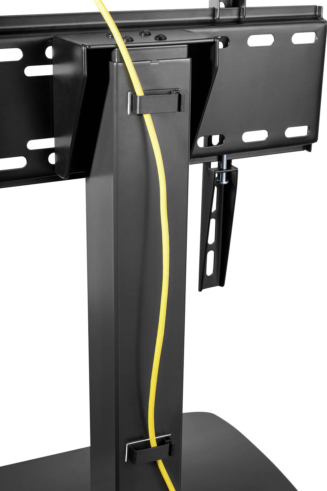 Television stand with a black metal mount and yellow cable, which runs neatly behind the stand.