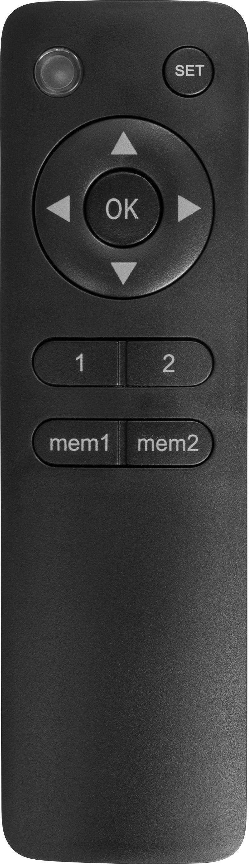 Black remote control with buttons: 'SET', directional arrows and 'OK' in the centre, below buttons '1', '2', 'mem1', 'mem2'.
