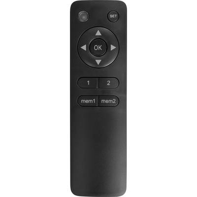 Black remote control with buttons: 'SET', directional arrows and 'OK' in the centre, below buttons '1', '2', 'mem1', 'mem2'.
