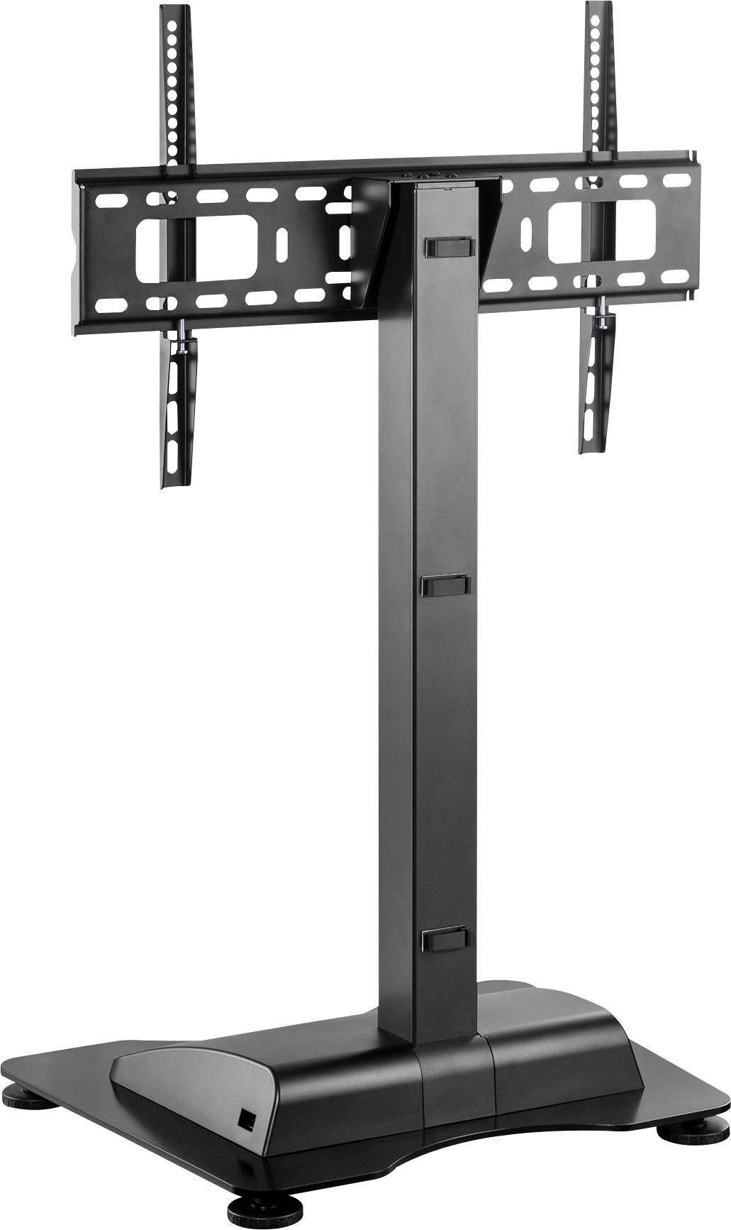 Compatible black TV stand with height-adjustable mounting bracket, suitable for flat-screen displays of various sizes.