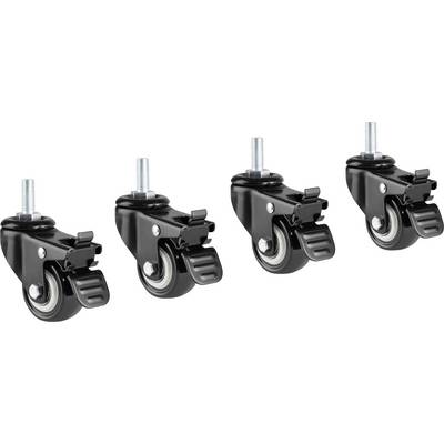 Four black, lockable castors with threaded screw fitting. Ideal for furniture or equipment that requires mobility.