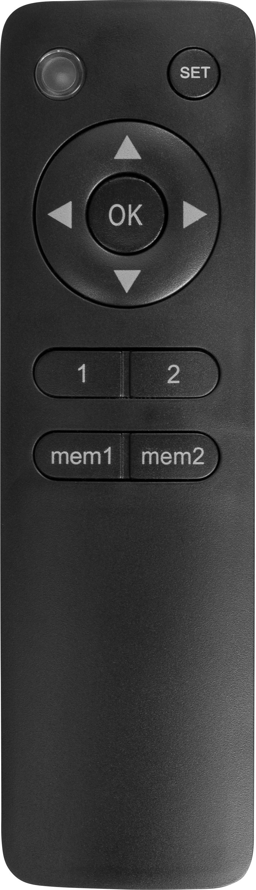 Black remote control with buttons: OK, four directional arrows, SET, 1, 2, 'mem1', 'mem2'.